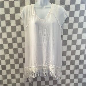 One World Short Sleeve Scoop Neck Blouse With Lace Trim Size XL/Extra Large